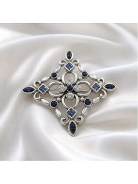 Lia Signed Blue Rhinestone Pin Brooch, filigree design